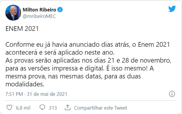 01-06-2021 - Tweet Ministro Enem