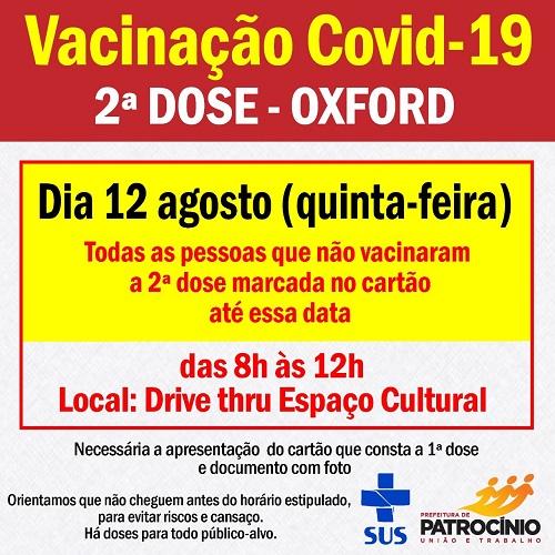 Imunização contra Covid-19 acontece nesta quinta-feira (12/08) para 2ª dose da vacina de Oxford