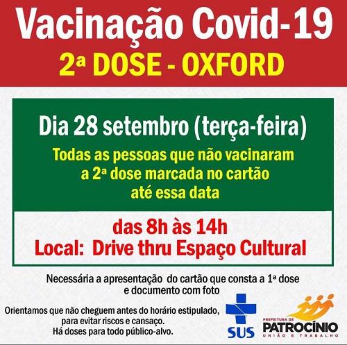 A secretaria de saúde, ira aplica a segunda dose da vacina OXFORD nesta terça-feira (28/09)