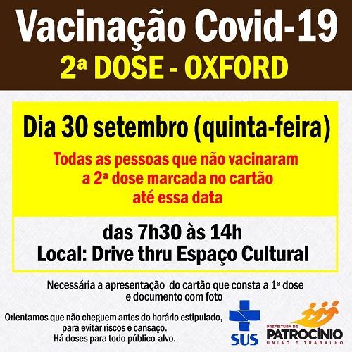 Nesta quinta-feira (30/09) haverá aplicação da segunda dose da vacina OXFORD