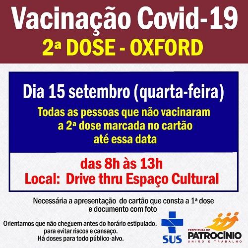 Segunda dose da vacina OXFOD será aplicada nesta quarta feira (15/09)