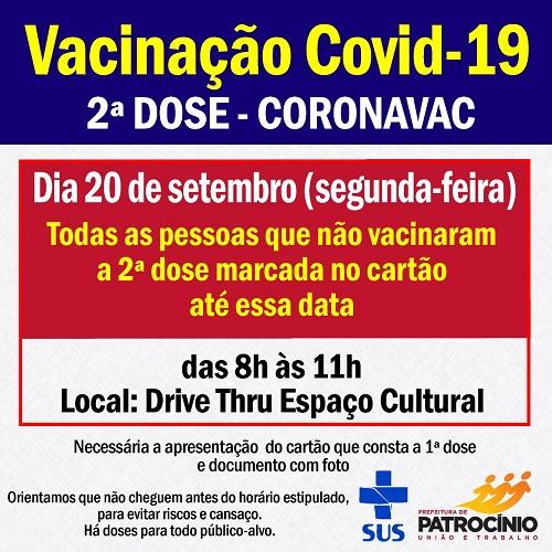 Segunda-feira (20/09) tem vacinação de segunda dose da vacina CORONAVAC