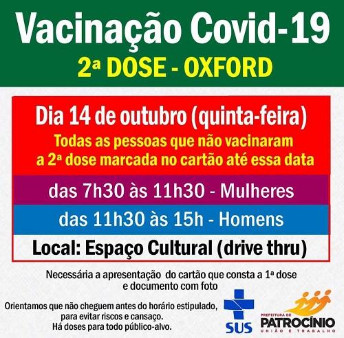 Segunda dose da vacina OXFORD será  aplicada nesta quinta-feira (14/10)