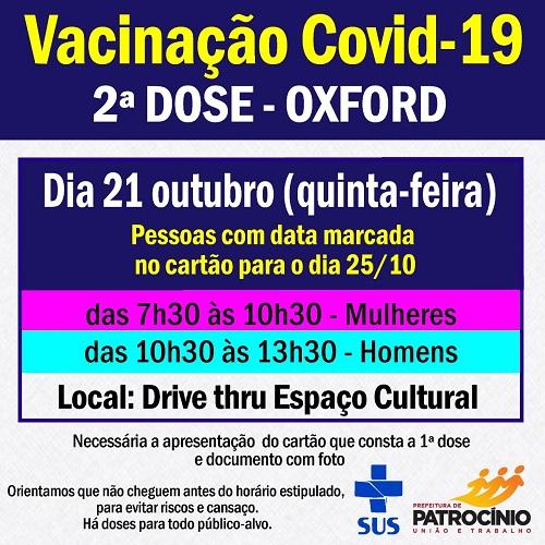 Segunda dose da vacina OXFORD será aplicada nesta quinta-feira (21/10)