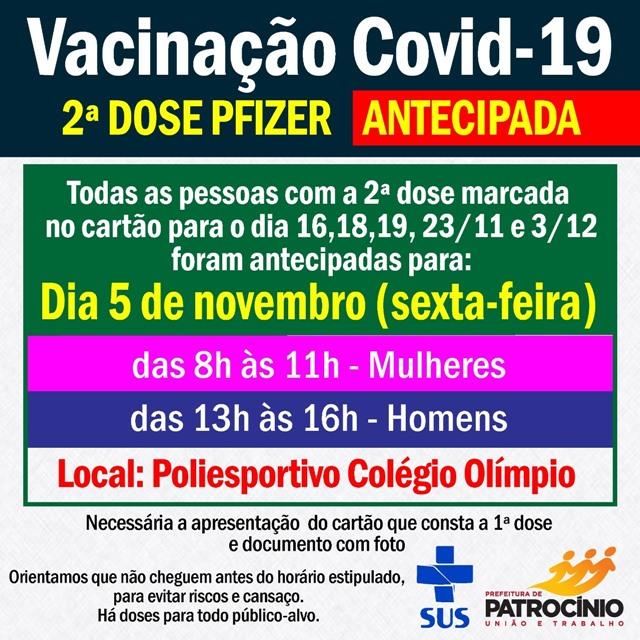 Secretaria de saúde antecipa a segunda dose da vacina PFIZER para esta sexta-feira (05/11)