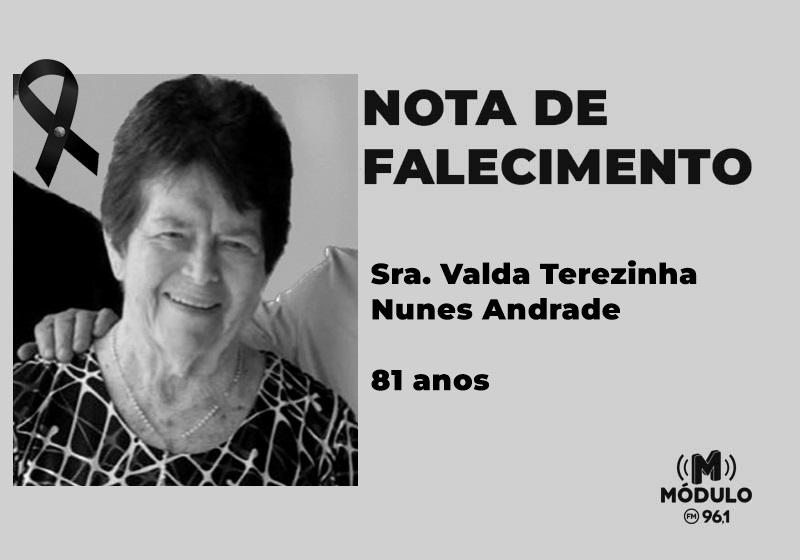 Nota de falecimento Sra. Valda Terezinha Nunes Andrade aos 81 anos
