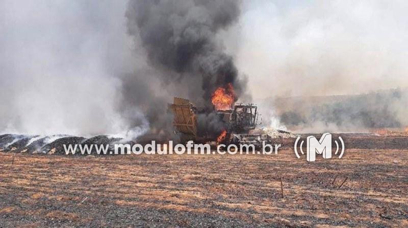 Colheitadeira pega fogo e dois caminhões e lavoura de milho são destruídos pelas chamas em Patrocínio