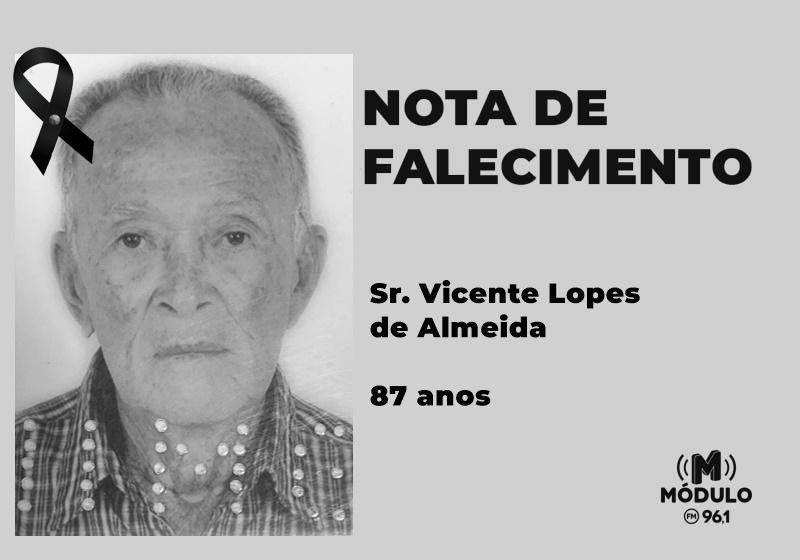 Nota de falecimento Sr. Vicente Lopes de Almeida aos 87 anos