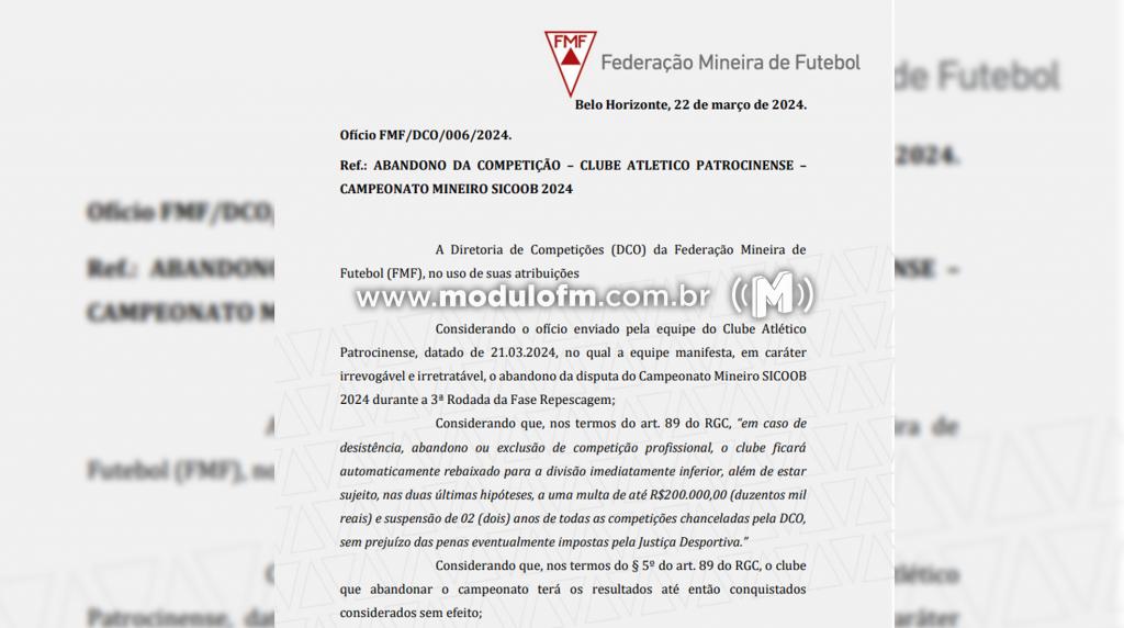 Federação Mineira de Futebol oficializa desistência do CAP e multa clube em R$ 100 mil