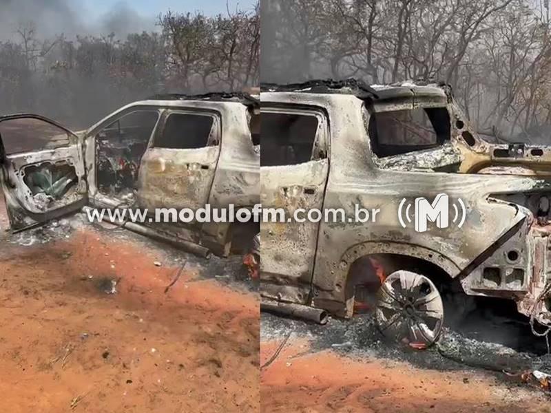 Veja o vídeo: Caminhonete pega fogo e proprietário alerta para riscos durante a seca