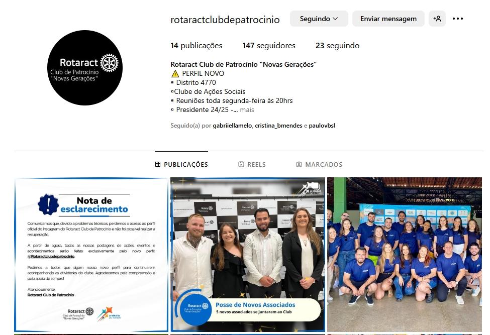 Após perda de acesso, Rotaract Club de Patrocínio cria novo perfil no Instagram