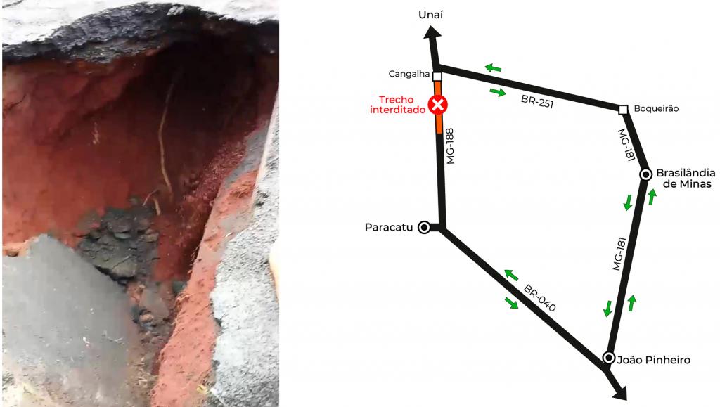 Cabeceira de ponte na MG-188 cede e provoca acidente com 4 veículos; Rodovia segue interditada e motorista devem usar rotas alternativas