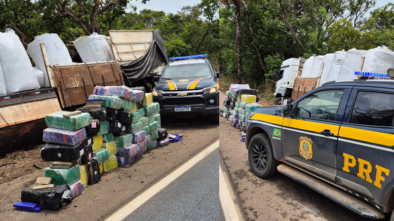 PRF encontra quase 2 toneladas de maconha em carreta acidentada na BR-365