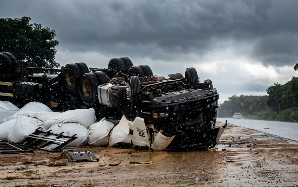 Motorista morre após carreta carregada com adubo capotar na BR-365