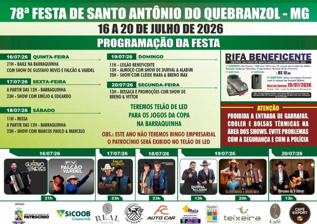 Imagem 1 do post 78ª Festa de Santo Antônio do Quebranzol contará com show de Emílio e Eduardo, jogos da Copa e muito mais; confira a programação completa